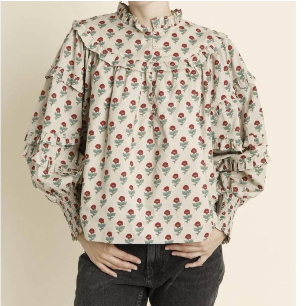 AUREUM Floral Ruffle Blouse - Cream and Red